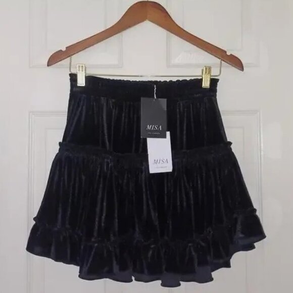Misa Los Angeles Luiza Tiered Velvet Mini Skirt Jet Black XS NWT - Picture 5 of 10